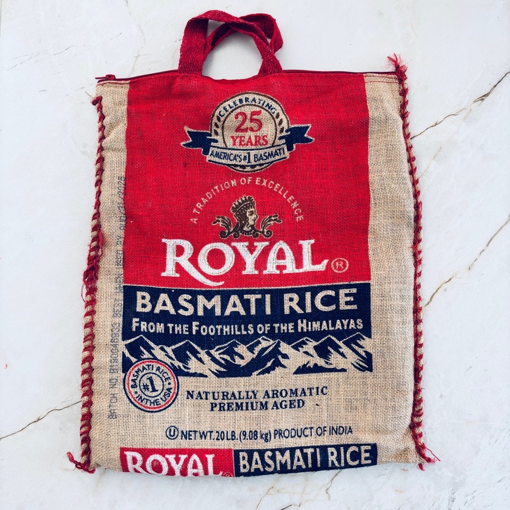 Large Woven Burlap Zippered Bag Tote w/ Handles Royal Basmati Rice Bag Red & Tan